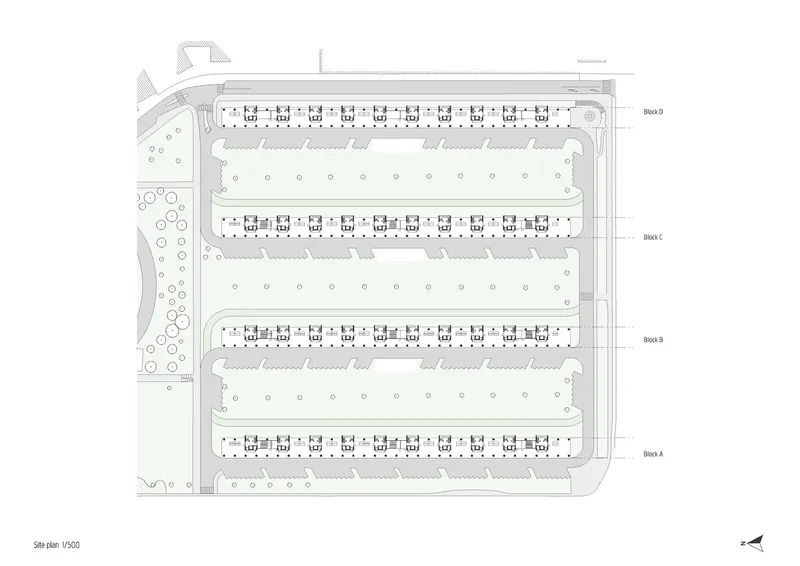 Site plan drawing showing four parallel residential blocks with landscaped courtyards between them