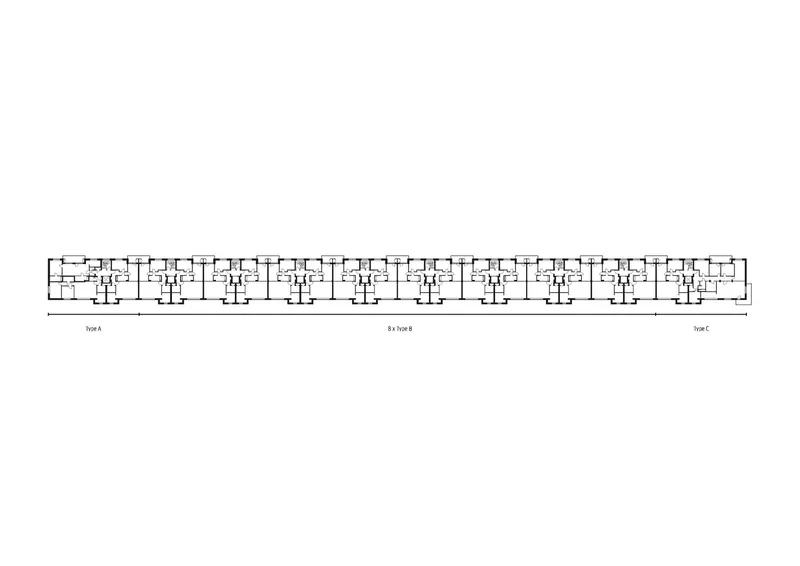 Floor plan drawing showing repeating residential units arranged in a linear bar configuration