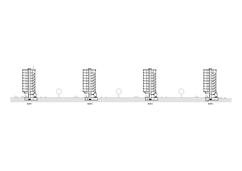 Elevation drawing showing four tower blocks spaced along a horizontal line with trees between them