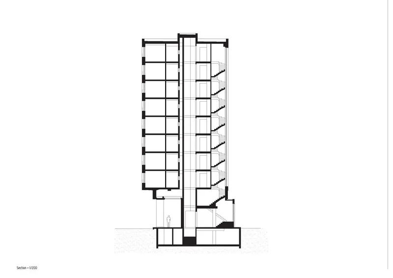 Section drawing showing a tower with stacked floors beside a lower podium with curved balconies