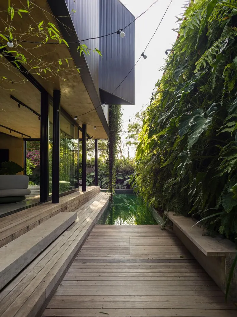 Narrow courtyard with timber deck, stepped seating ledge and towering vertical garden walls beneath a cantilevered volume