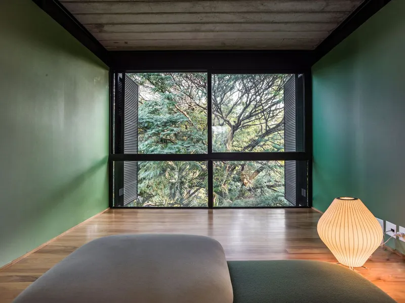 Interior room with green plastered walls and exposed timber ceiling framing a view of trees beyond
