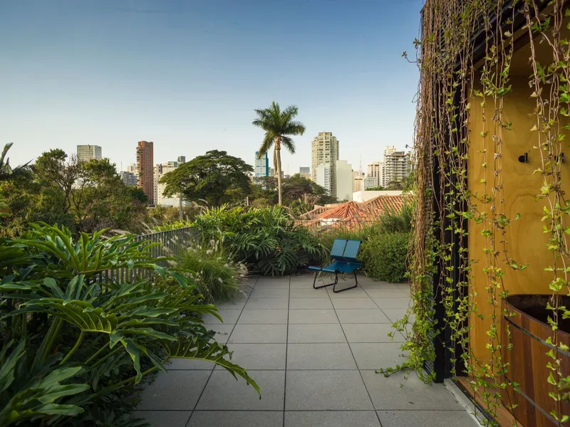 Rooftop terrace with planted beds and climbing vines on perforated screens overlooking the urban skyline