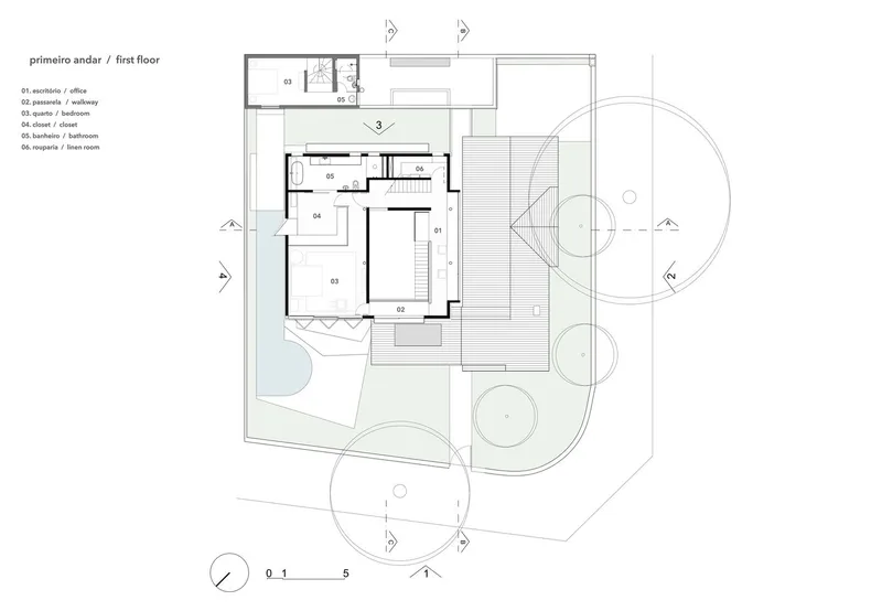 First floor plan drawing showing bedroom layout with central staircase and surrounding landscape elements