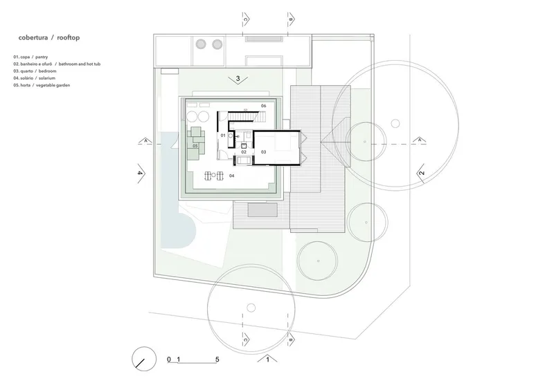 Rooftop plan drawing showing terrace layout with perimeter planting and central access volume