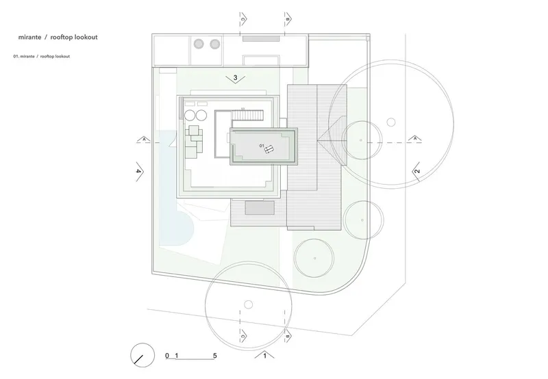 Rooftop lookout plan drawing showing observation deck layout with stairs and surrounding planted terraces