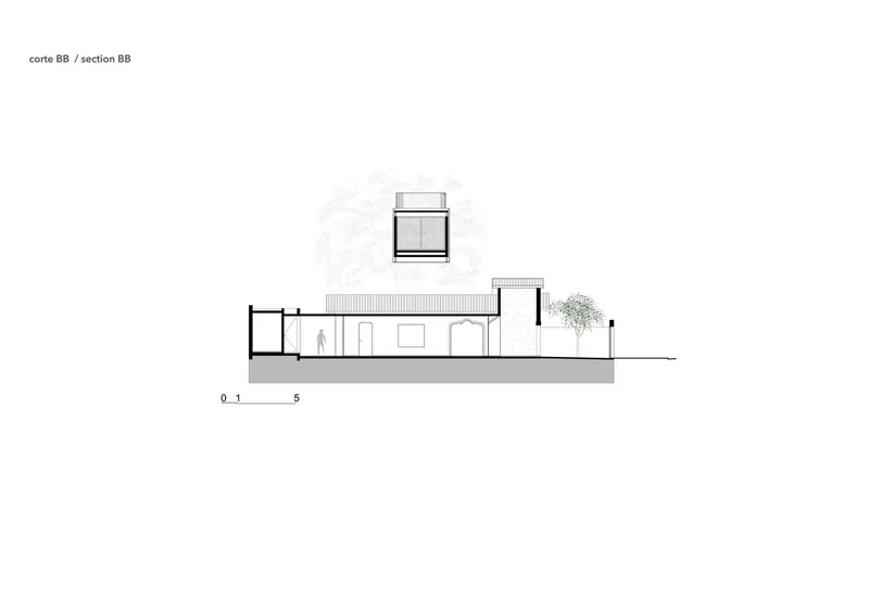 Section drawing revealing single-story interior spaces with figure for scale and surrounding vegetation