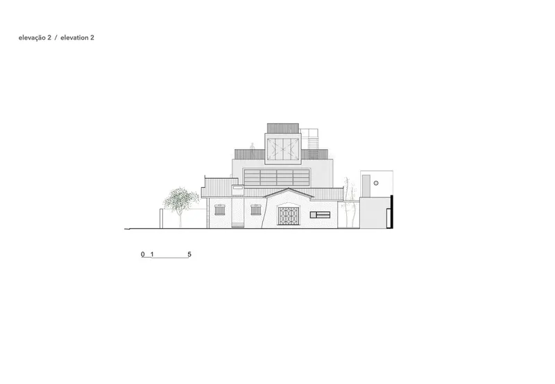 Elevation drawing depicting layered horizontal volumes with central patterned opening and adjacent tower