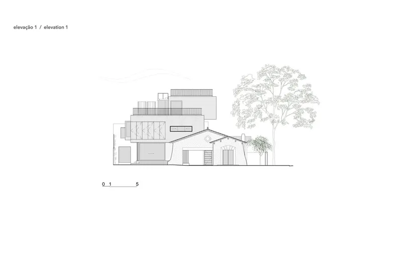 Elevation drawing showing stepped volumetric massing with gabled roof and large tree canopy