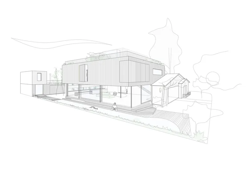 Isometric sketch of a raised residence on pilotis with vertical siding and landscaped surroundings
