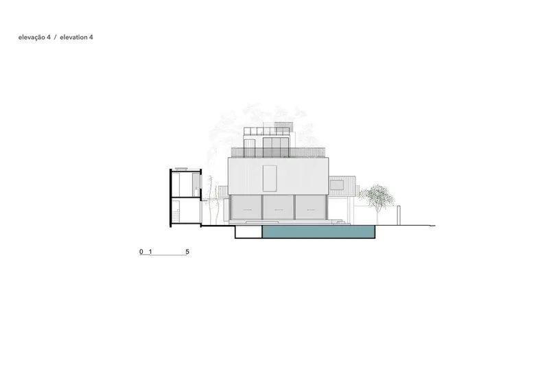 Elevation drawing showing a multi-level residence with a cantilevered pool extending from the ground floor