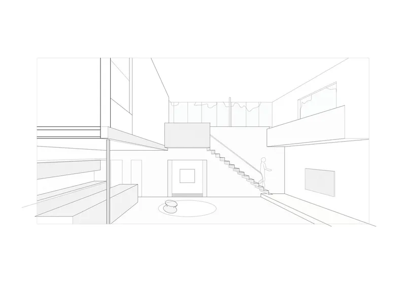 Interior perspective drawing of a double-height space with intersecting staircases and a figure on the upper level