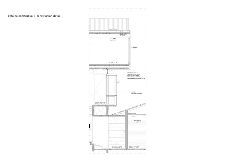 Construction detail section drawing showing roof assembly, window openings, staircase and foundation connections