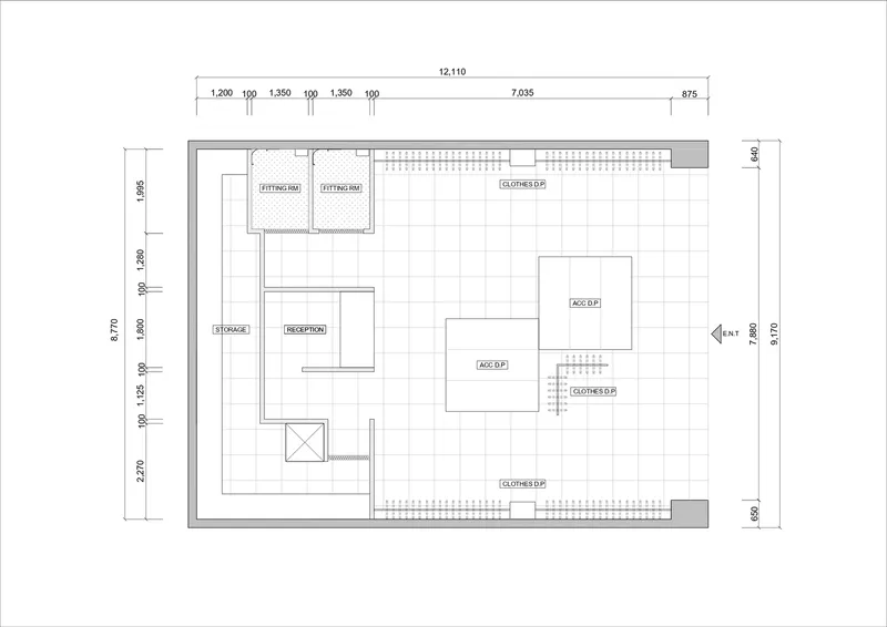 Floor plan drawing showing reception area, storage rooms, and clothing display zones with dimensions