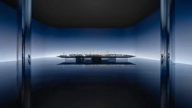 View through polished blue columns toward a floating platform pavilion framed against the horizon at dusk