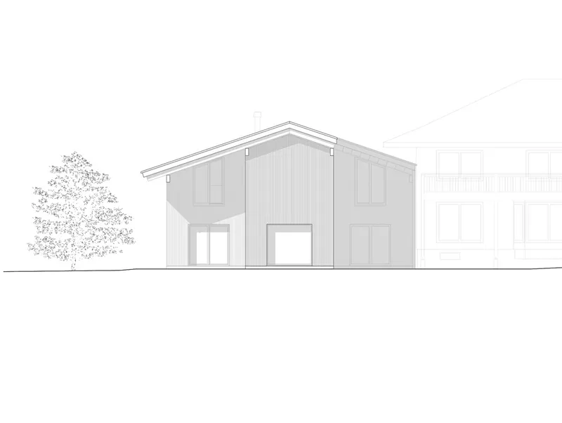 Elevation drawing of a gabled volume with vertical siding next to a neighboring building and tree