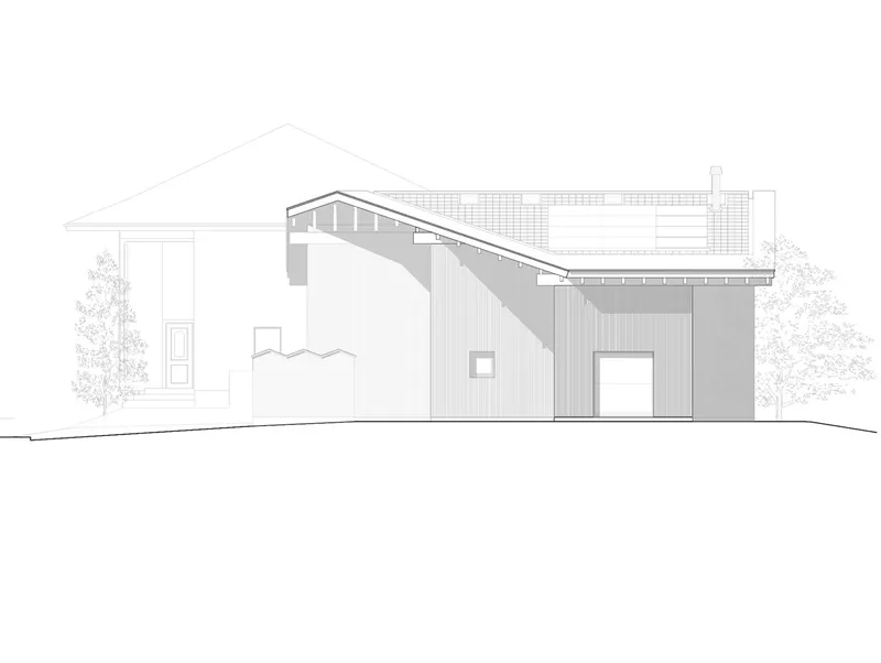 Elevation drawing showing a sloping roof connecting gabled and flat-roofed volumes with flanking trees