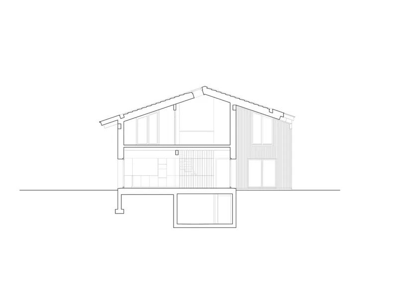 Section drawing revealing a two-story gabled structure with exposed timber framing and vertical cladding