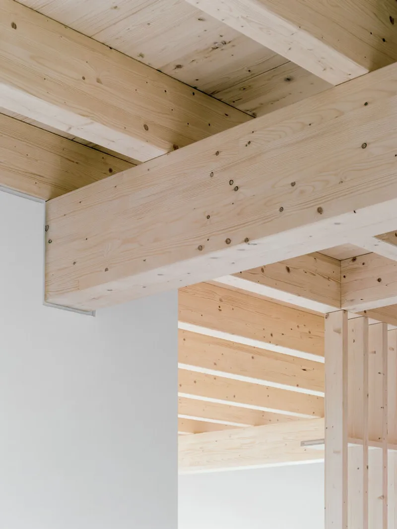 Exposed timber beams and ceiling joists intersecting with white plaster walls at an interior corner