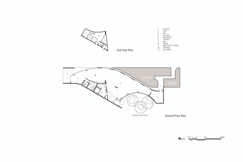 Floor plan drawings showing ground and second levels with angled wings and preservation trees marked
