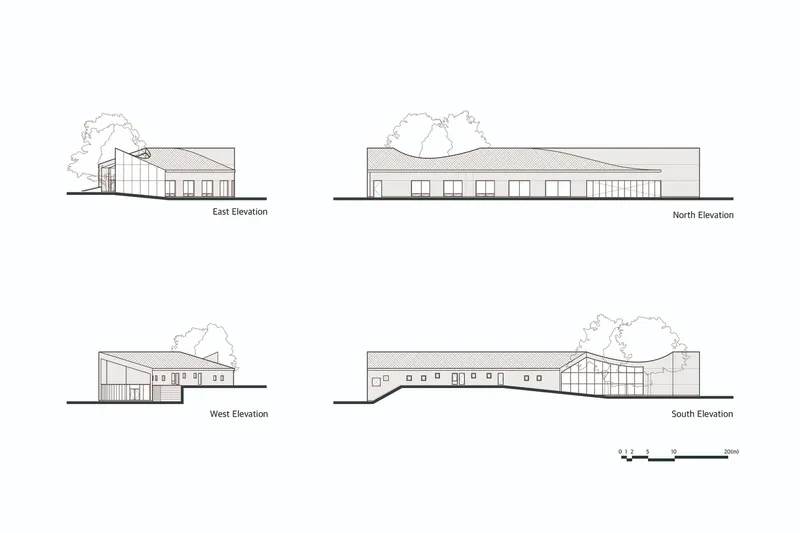 Elevation drawings from four cardinal directions showing low profile with curved roof and existing trees