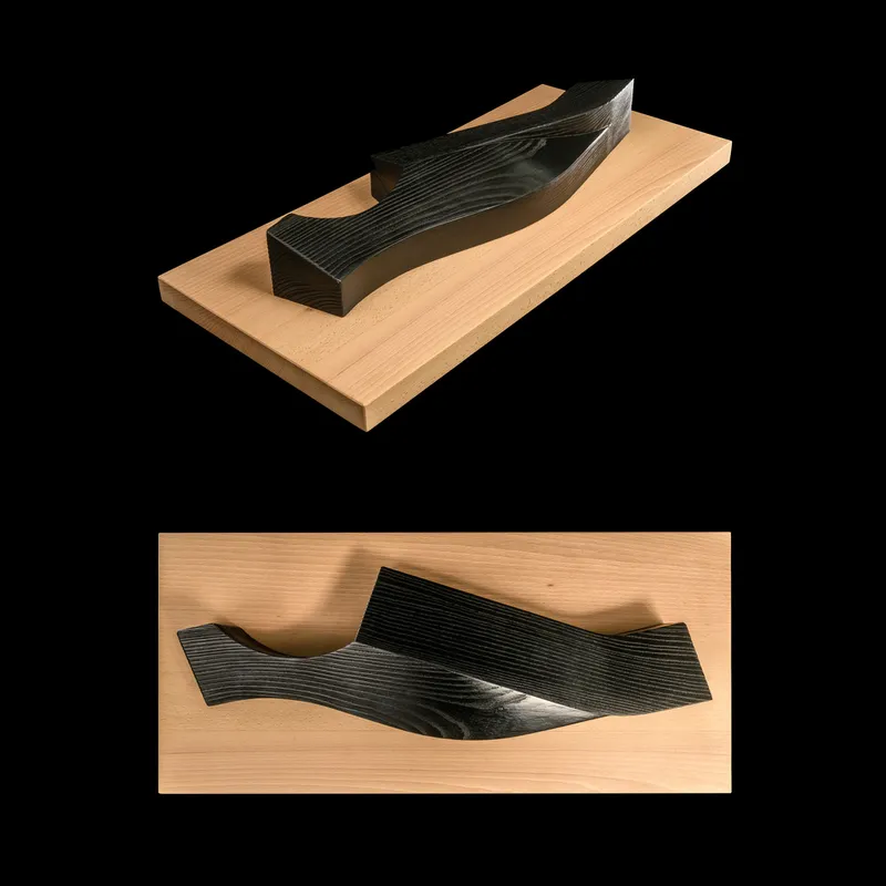 Charred timber model with curved laminated form displayed on light wood base against black background