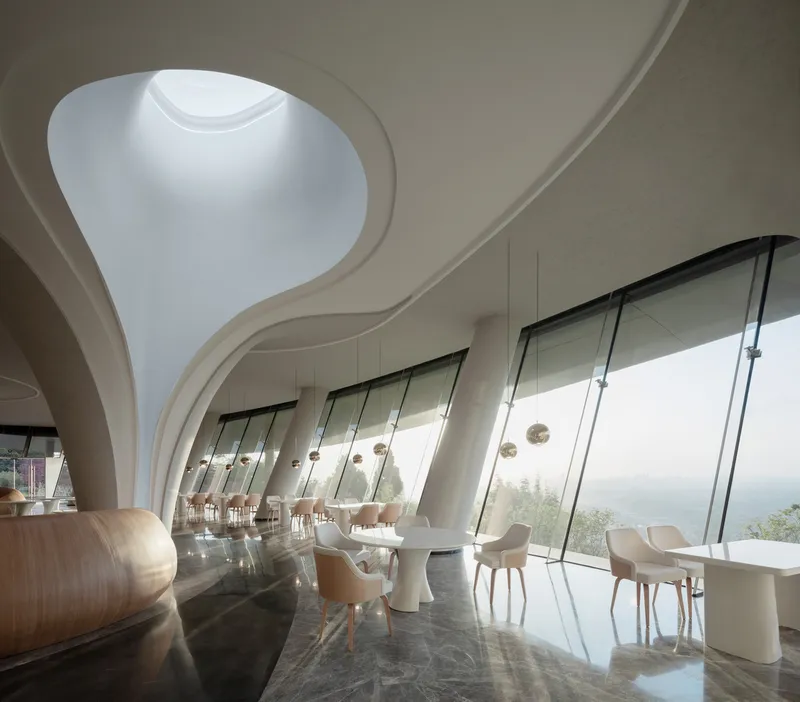 Interior dining space with organic ceiling oculus and slanted glazing overlooking misty landscape