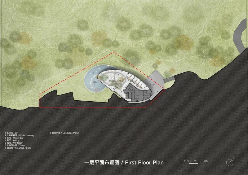 First floor plan drawing showing an organic lobed form with a pool and interior rooms embedded in hillside