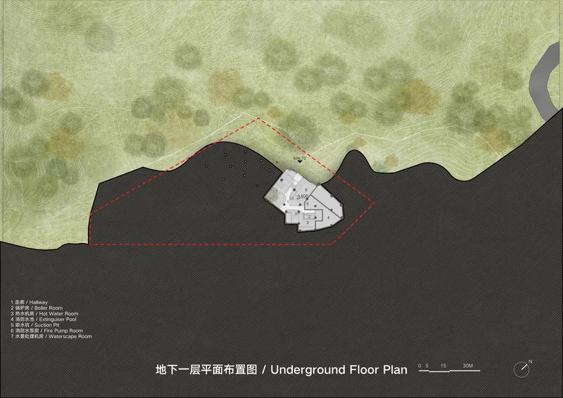Underground floor plan drawing showing the building footprint nested within the excavated hillside volume