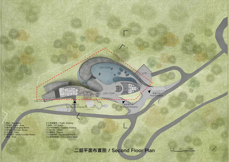 Second floor plan drawing showing the upper lobed roof volumes with roads and landscape surrounding the site