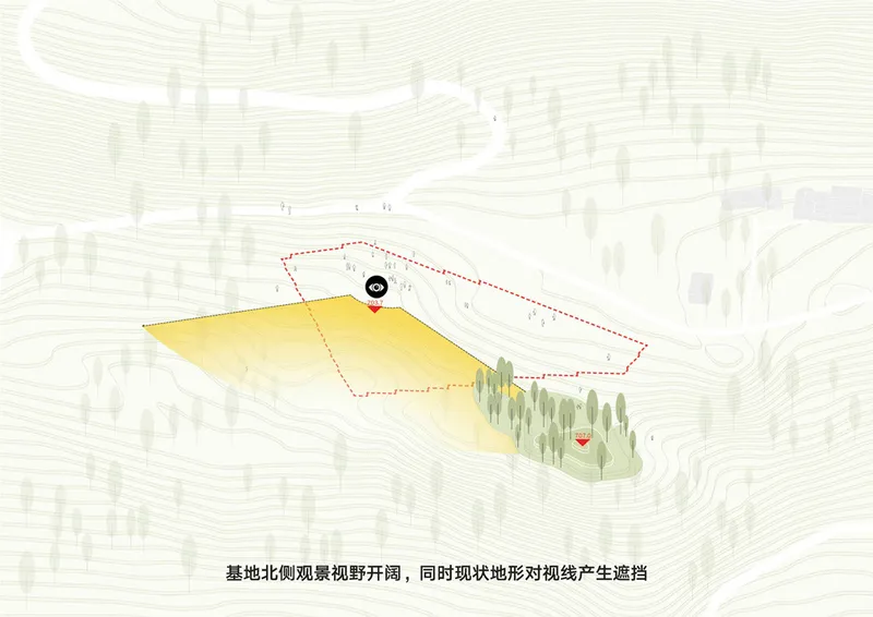 Axonometric diagram illustrating the building footprint on contoured topography with approach paths and planting zones