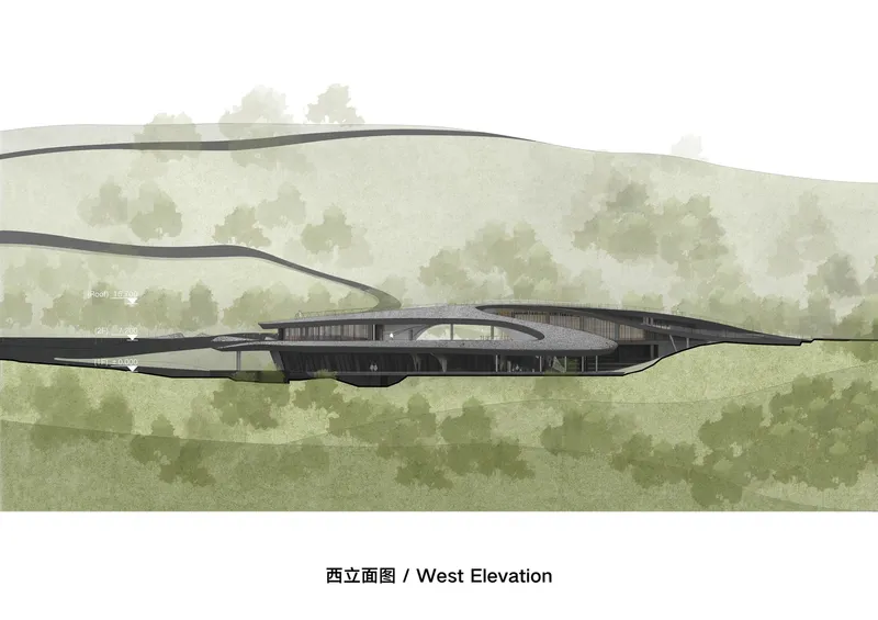 West elevation drawing depicting the horizontally layered structure embedded within the vegetated hillside