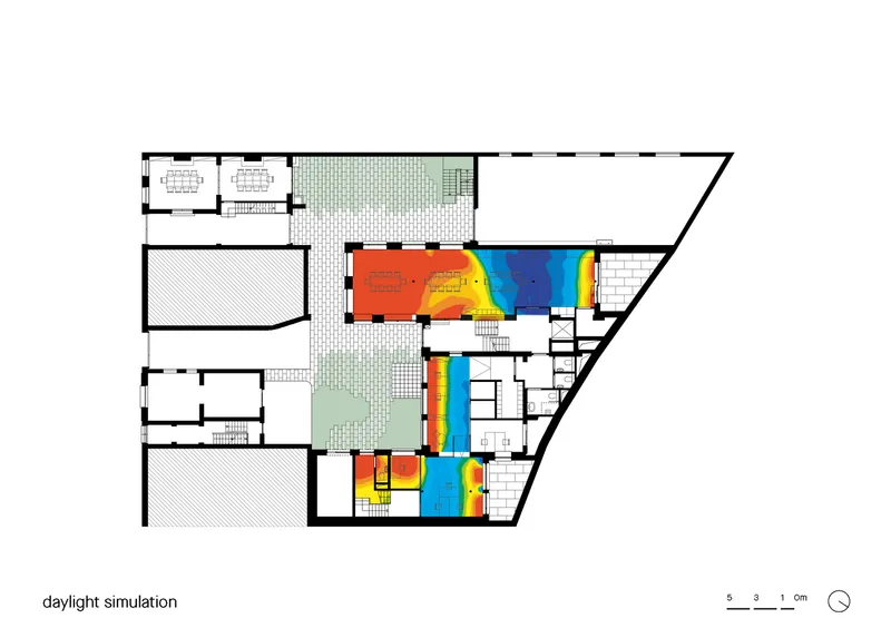 Daylight simulation diagram with color-coded heat map indicating light distribution across the ground floor plan