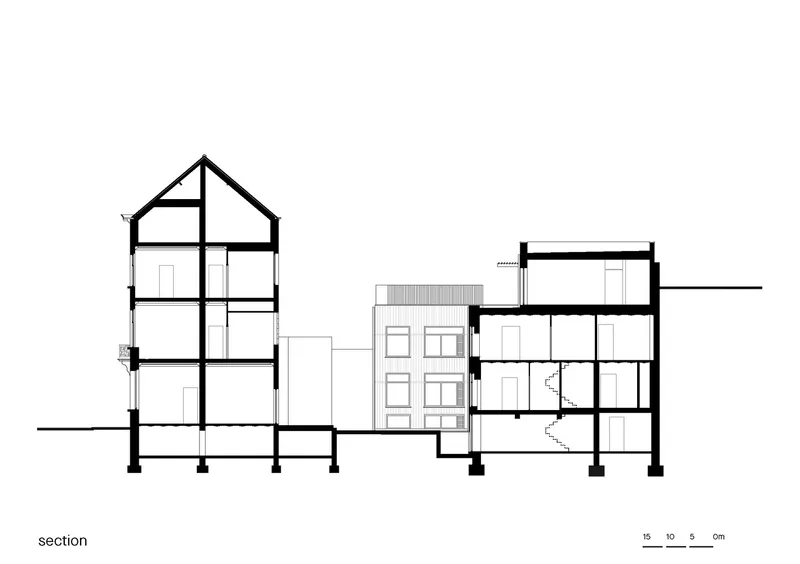 Section drawing cutting through multiple adjacent buildings revealing floor plates, stairs, and pitched roof profiles