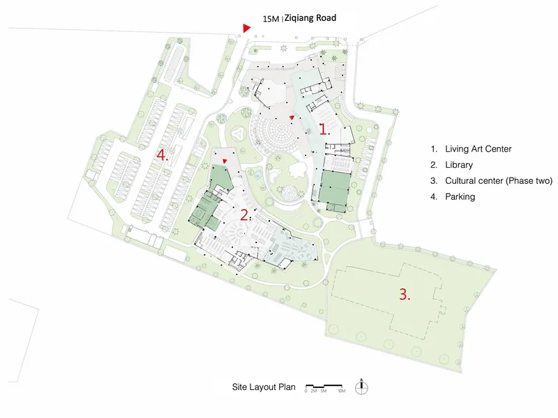 Site plan drawing showing four buildings arranged around a central plaza with parking areas