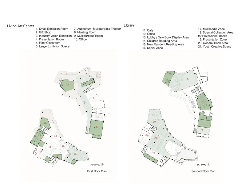 Floor plan drawings indicating exhibition spaces and library functions across two levels with numbered program zones