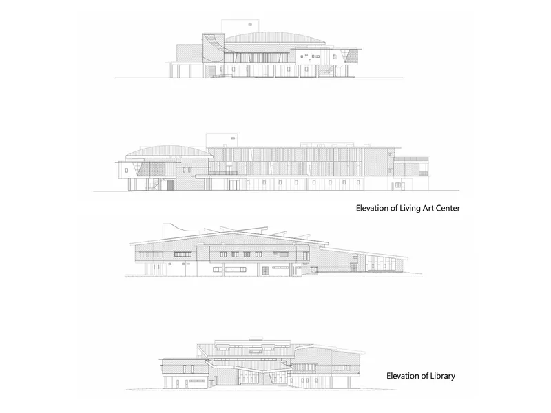 Elevation drawings depicting the horizontal massing and varied rooflines of the library and living art center buildings