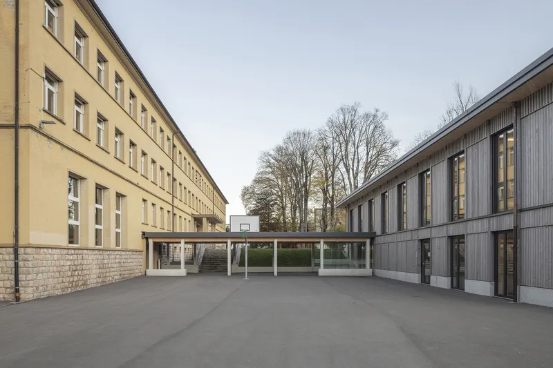 Courtyard view between a yellow rendered building and a grey timber-clad structure with bare winter trees