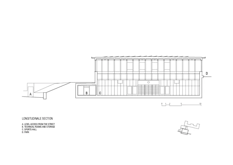 Longitudinal section drawing depicting the sports hall with exposed structural framing and an adjacent entrance volume