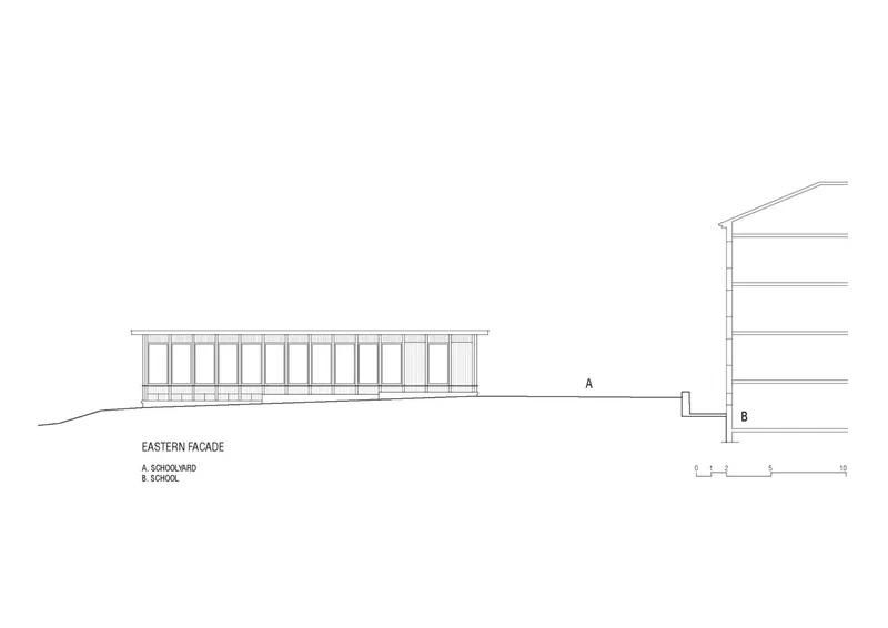 Eastern facade elevation drawing showing the repetitive vertical framing of the sports hall against the landscape