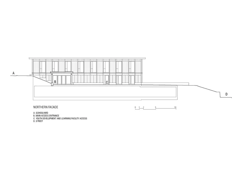 Northern facade elevation drawing displaying the two-story entrance volume with vertical mullions and glazed openings