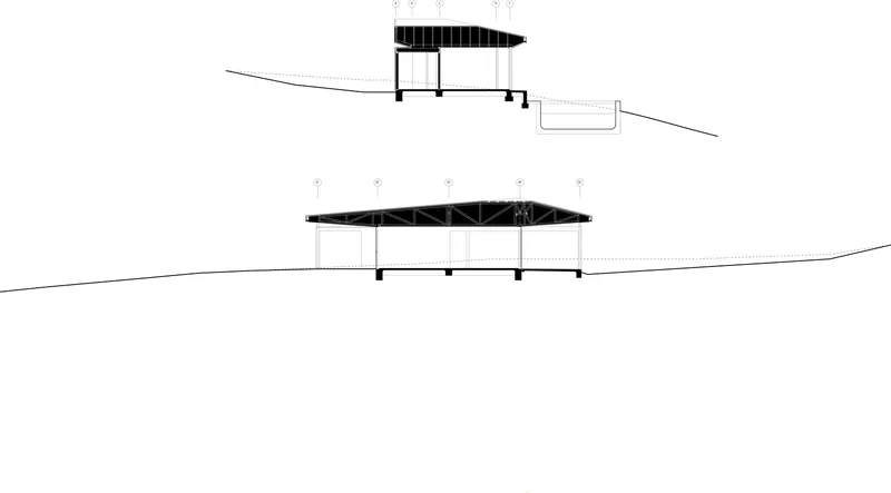 Section drawings showing the sloped roof structure on columns across sloping terrain