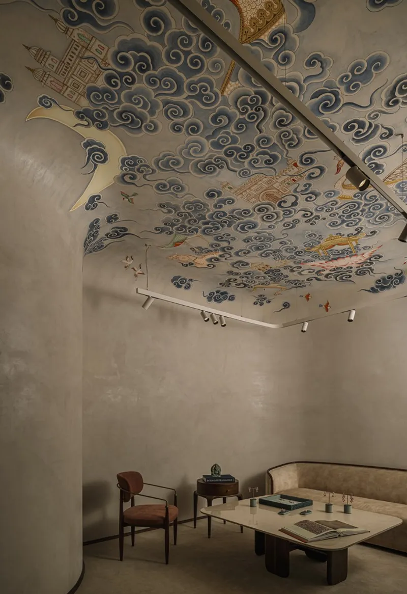Vaulted ceiling with hand-painted cloud motifs and gilded details above a seating area
