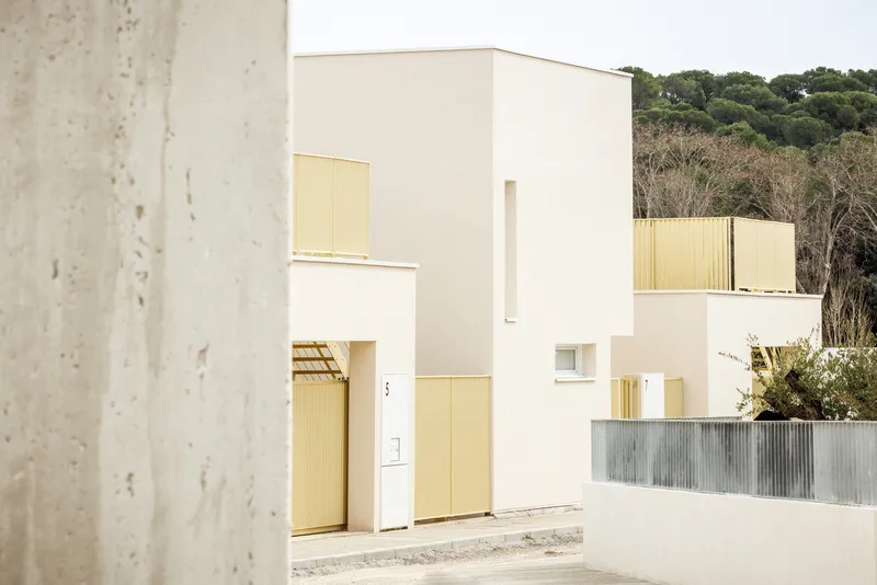 Entry elevation with pale yellow doors and corrugated metal accents against a hillside backdrop