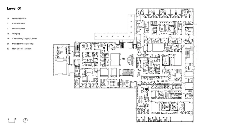 Floor plan drawing showing a large healthcare facility with multiple wings and departments