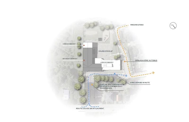 Site plan drawing showing school building with labeled courtyard and surrounding tree-lined roadways