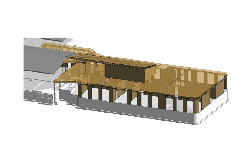Axonometric drawing showing timber framing structure with columns and roof rafters for a covered pavilion