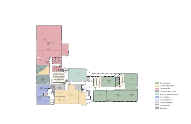 Color-coded floor plan drawing indicating different programmatic zones including classrooms and administrative spaces