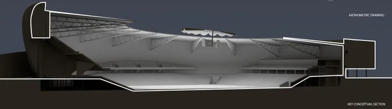 Sectional drawing showing the stadium bowl with tiers, roof structure, and underground levels