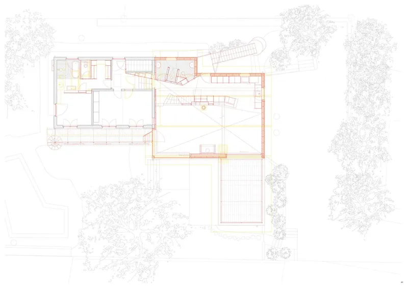 Floor plan drawing showing two connected volumes with an external staircase and surrounding trees